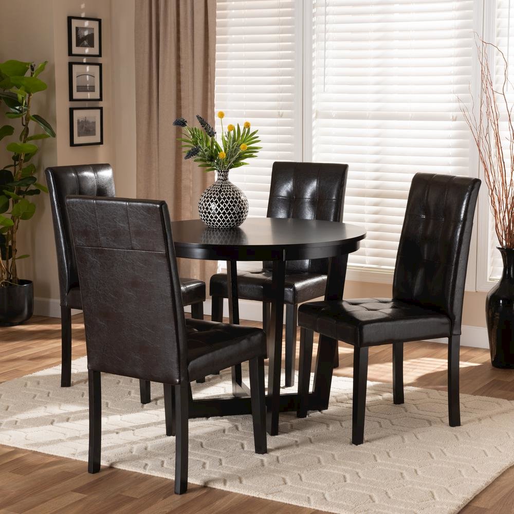 Leather Upholstered and Dark Brown Finished Wood 5-Piece Dining Set