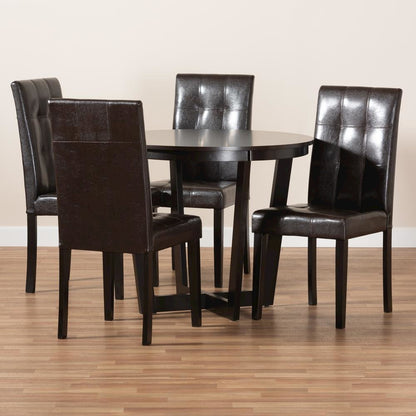 Leather Upholstered and Dark Brown Finished Wood 5-Piece Dining Set
