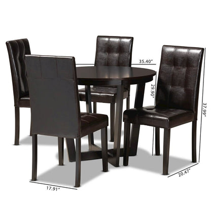 Leather Upholstered and Dark Brown Finished Wood 5-Piece Dining Set