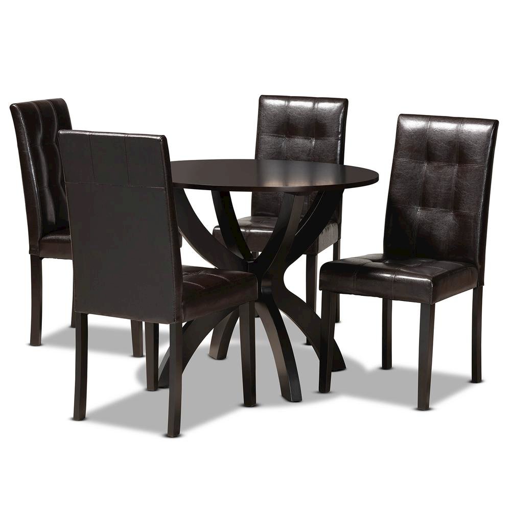 Leather Upholstered and Dark Brown Finished Wood 5-Piece Dining Set