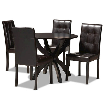 Leather Upholstered and Dark Brown Finished Wood 5-Piece Dining Set