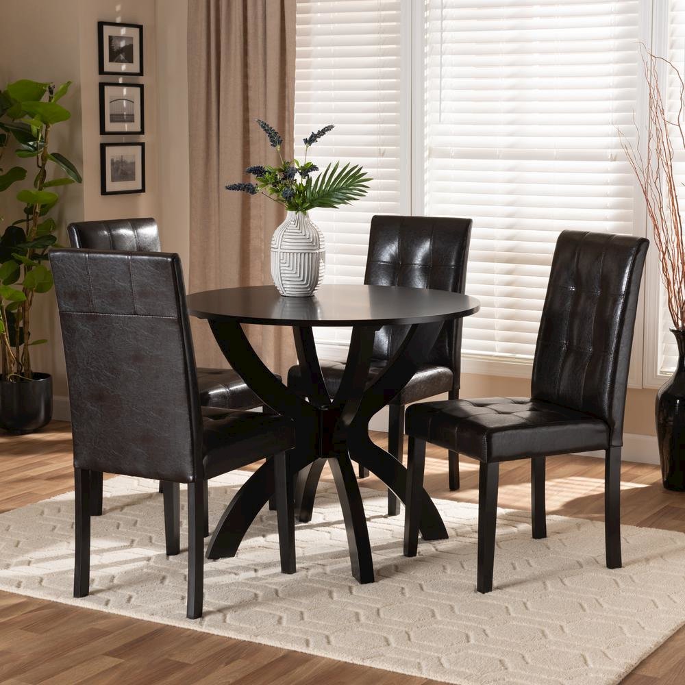 Leather Upholstered and Dark Brown Finished Wood 5-Piece Dining Set