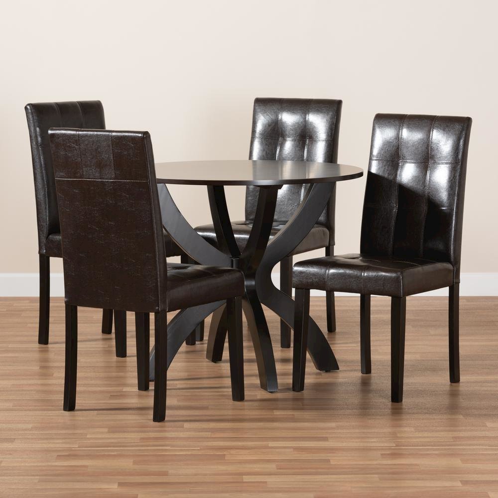 Leather Upholstered and Dark Brown Finished Wood 5-Piece Dining Set