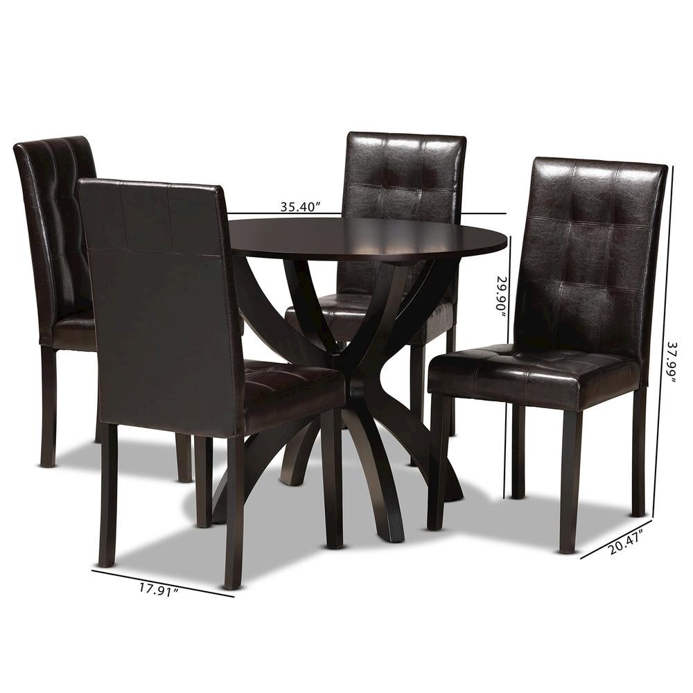 Leather Upholstered and Dark Brown Finished Wood 5-Piece Dining Set