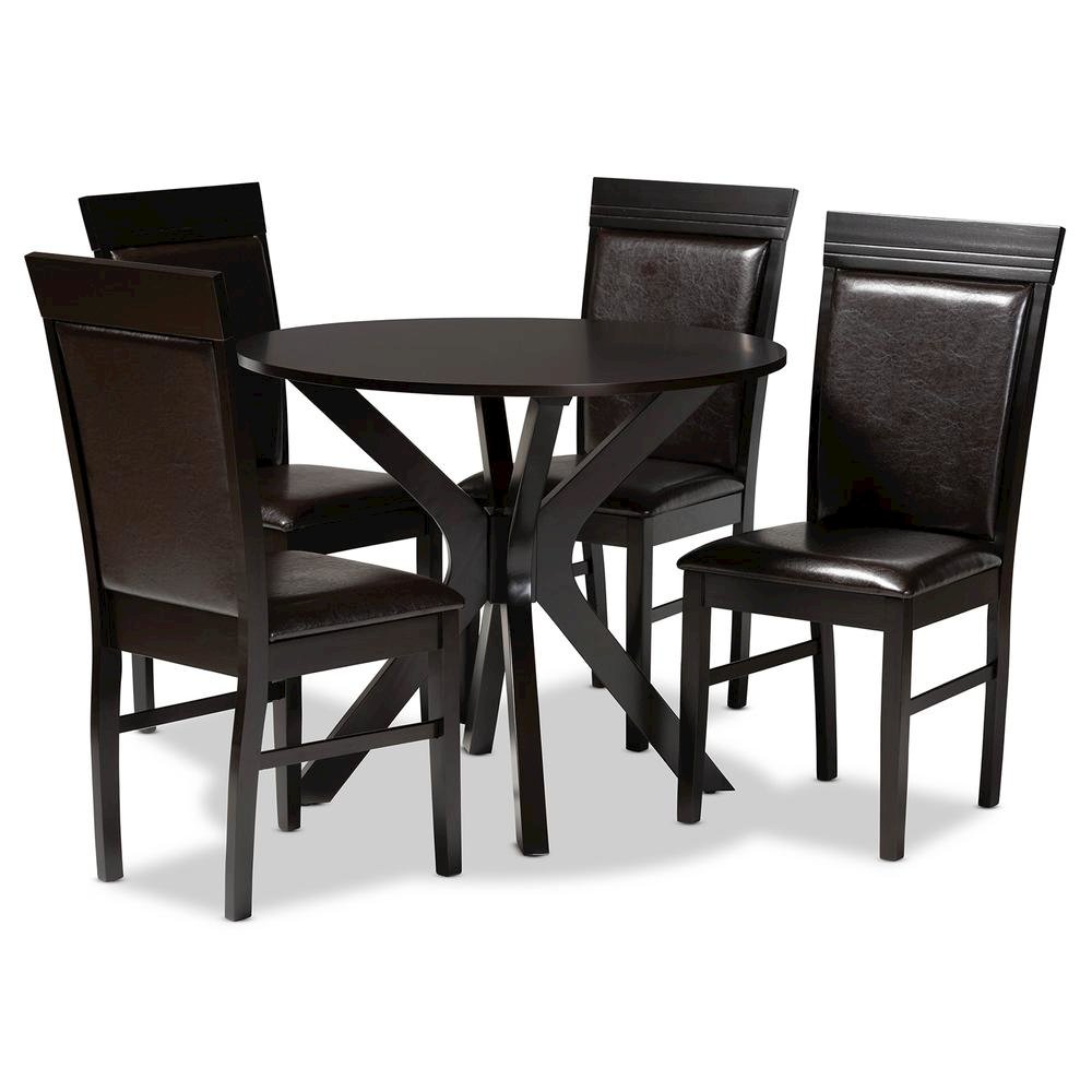 Leather Upholstered and Dark Brown Finished Wood 5-Piece Dining Set
