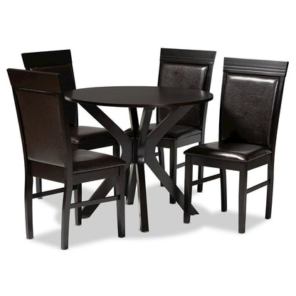 Leather Upholstered and Dark Brown Finished Wood 5-Piece Dining Set