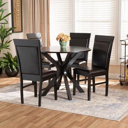 Leather Upholstered and Dark Brown Finished Wood 5-Piece Dining Set