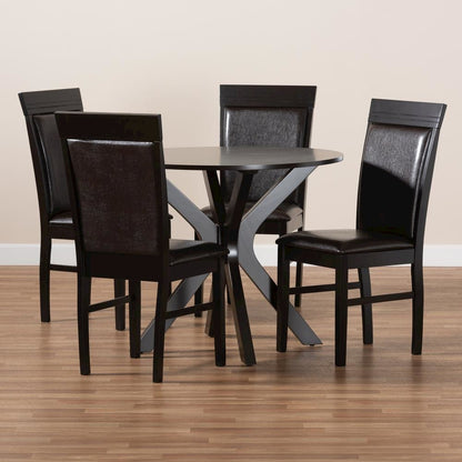 Leather Upholstered and Dark Brown Finished Wood 5-Piece Dining Set