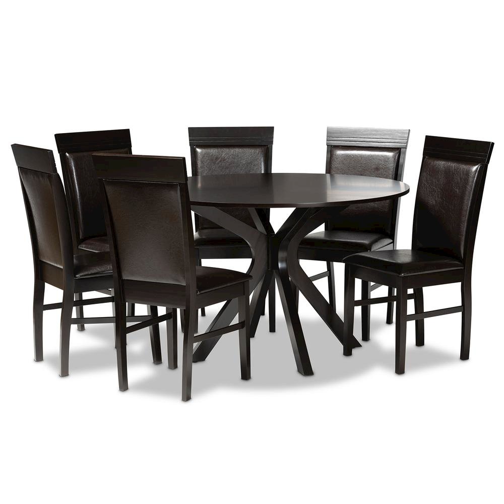 Leather Upholstered and Dark Brown Finished Wood 7-Piece Dining Set