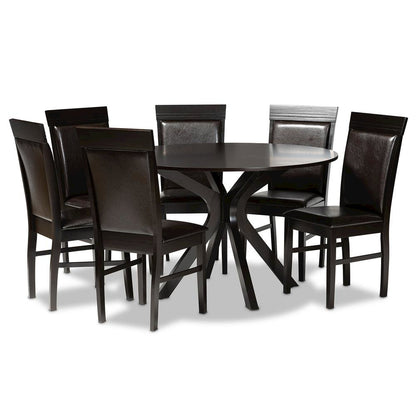Leather Upholstered and Dark Brown Finished Wood 7-Piece Dining Set