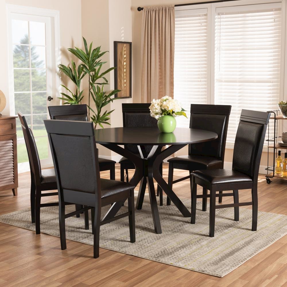 Leather Upholstered and Dark Brown Finished Wood 7-Piece Dining Set