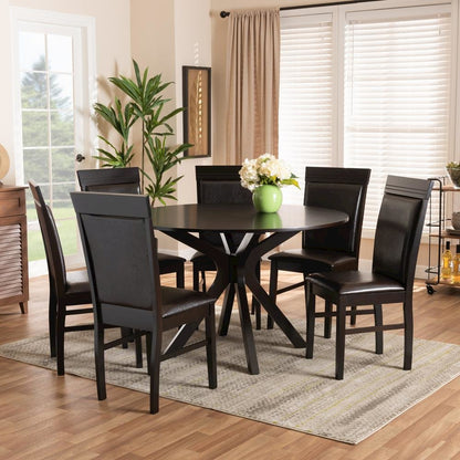 Leather Upholstered and Dark Brown Finished Wood 7-Piece Dining Set