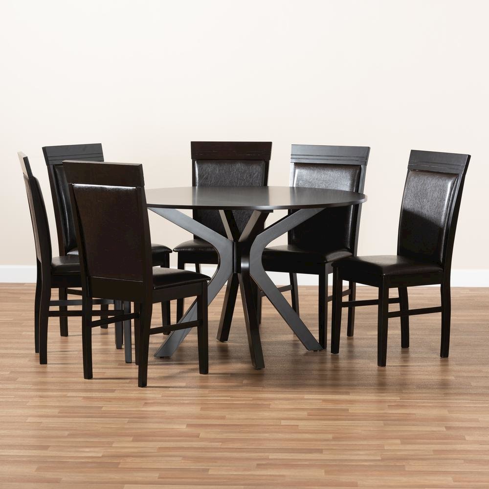 Leather Upholstered and Dark Brown Finished Wood 7-Piece Dining Set