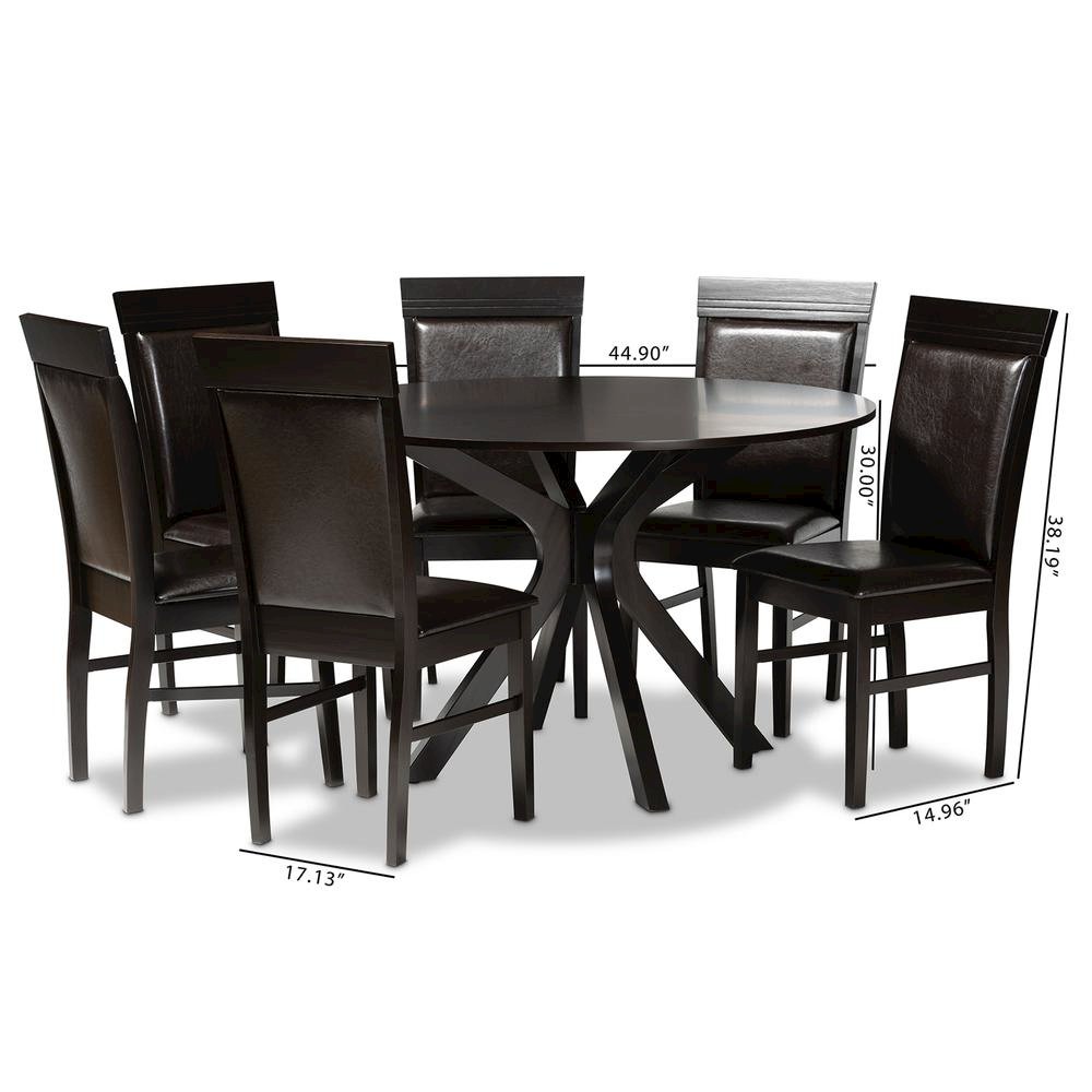 Leather Upholstered and Dark Brown Finished Wood 7-Piece Dining Set