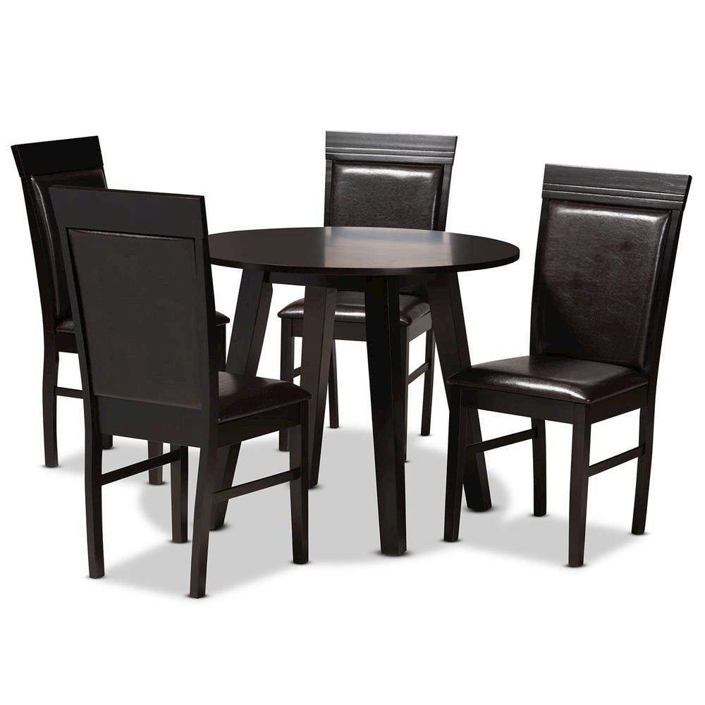 Leather Upholstered and Dark Brown Finished Wood 5-Piece Dining Set