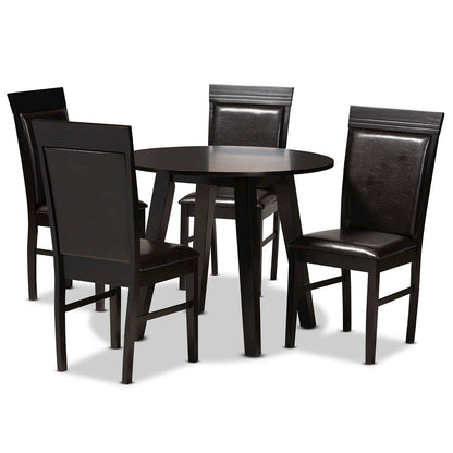 Leather Upholstered and Dark Brown Finished Wood 5-Piece Dining Set