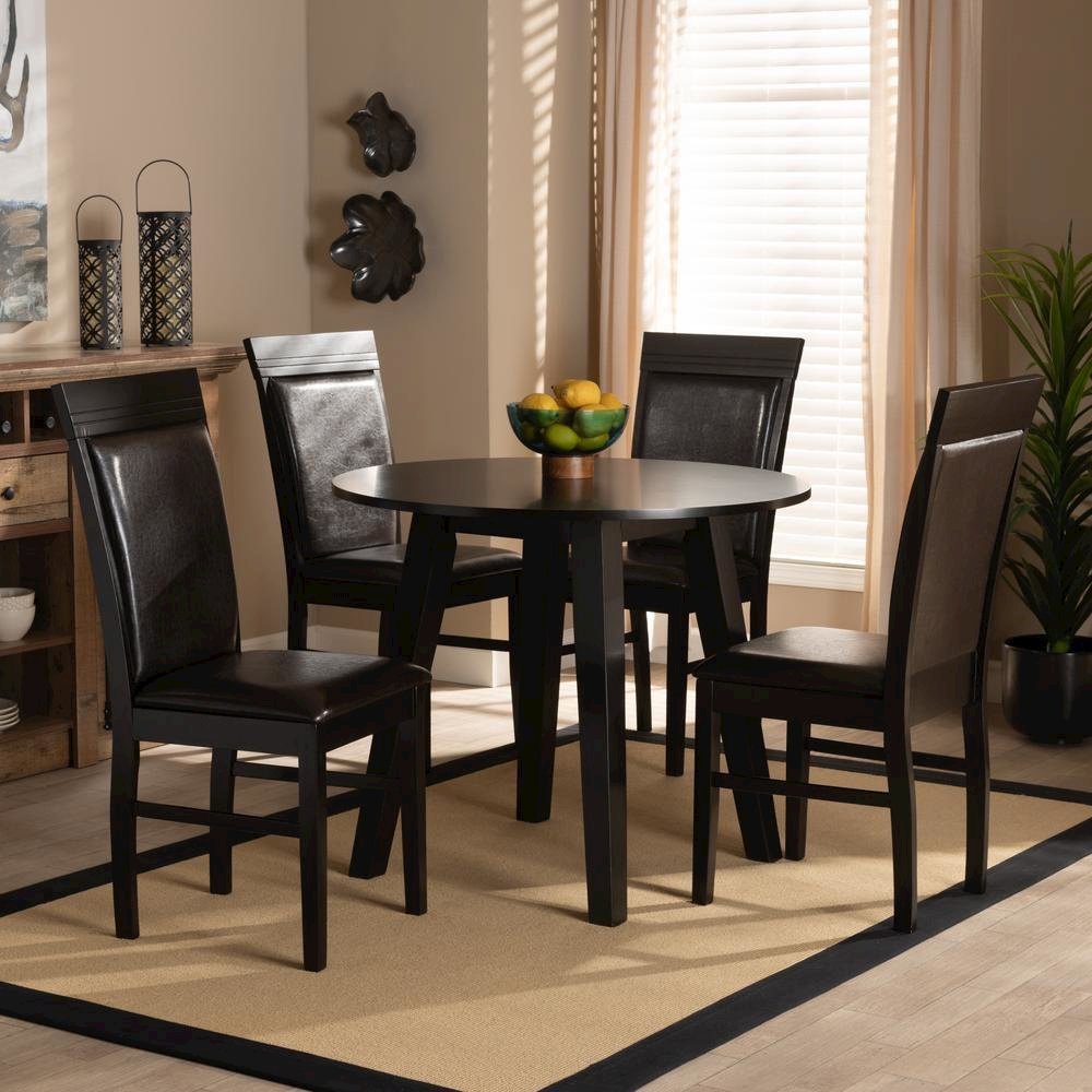 Leather Upholstered and Dark Brown Finished Wood 5-Piece Dining Set