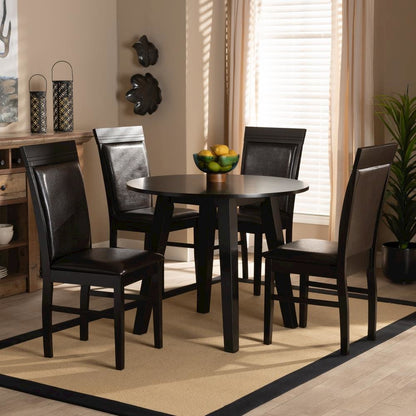 Leather Upholstered and Dark Brown Finished Wood 5-Piece Dining Set