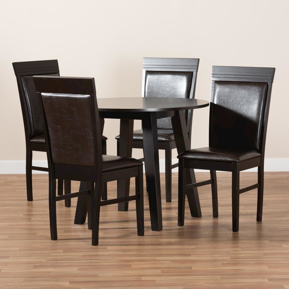 Leather Upholstered and Dark Brown Finished Wood 5-Piece Dining Set