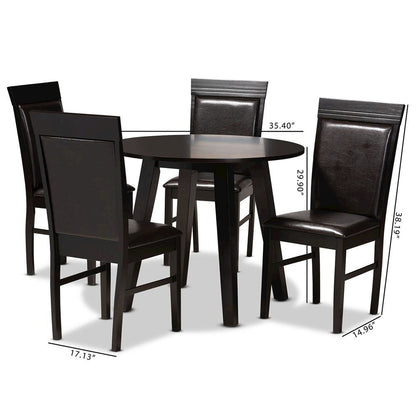 Leather Upholstered and Dark Brown Finished Wood 5-Piece Dining Set
