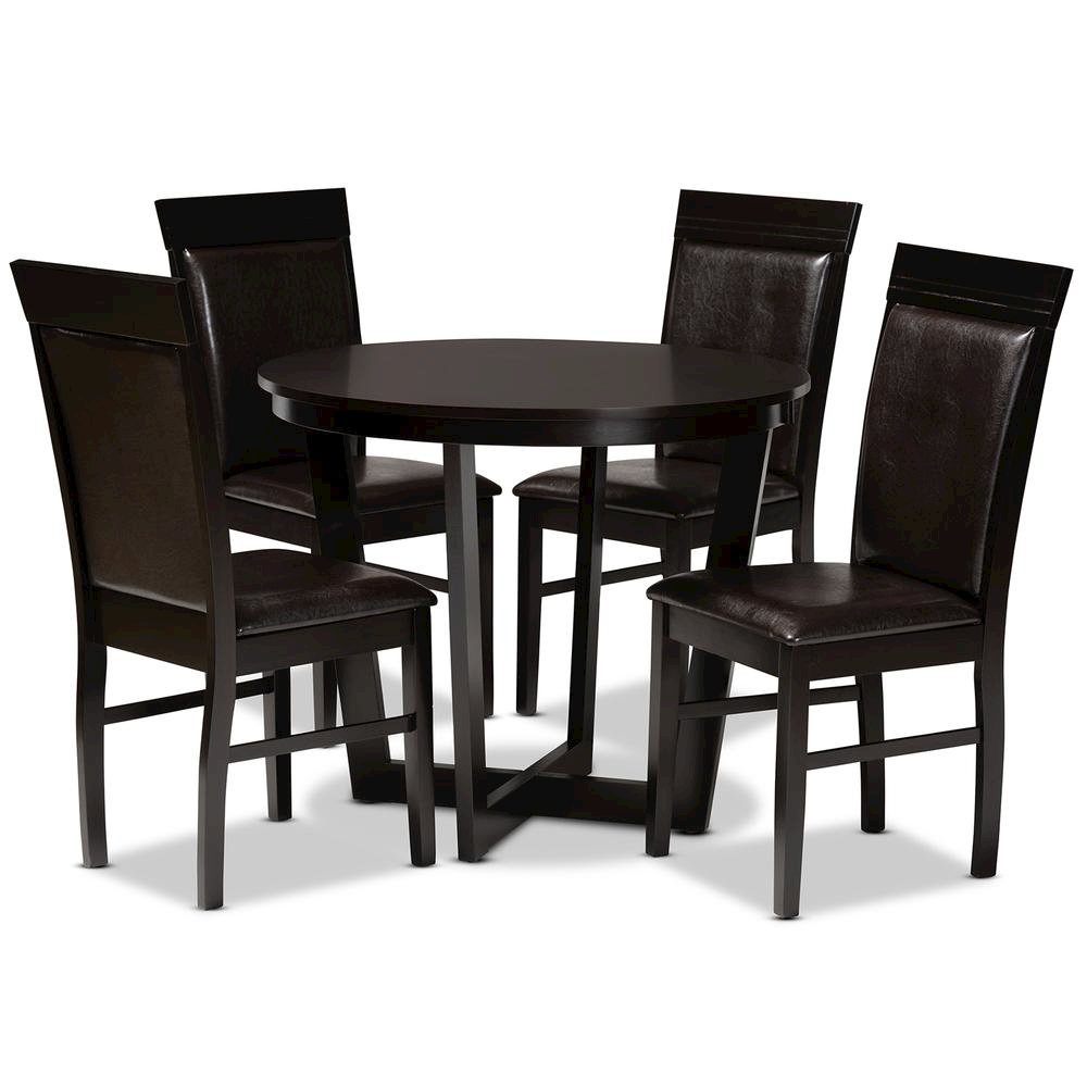 Leather Upholstered and Dark Brown Finished Wood 5-Piece Dining Set