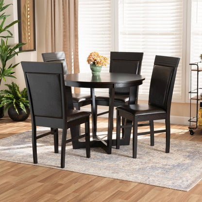Leather Upholstered and Dark Brown Finished Wood 5-Piece Dining Set