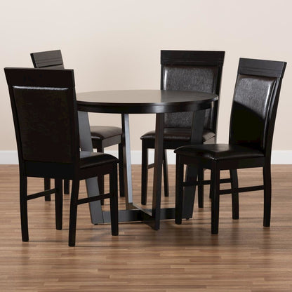 Leather Upholstered and Dark Brown Finished Wood 5-Piece Dining Set
