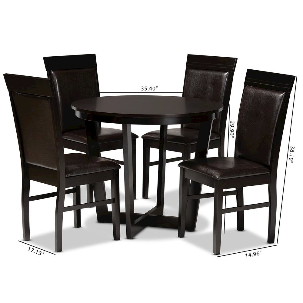Leather Upholstered and Dark Brown Finished Wood 5-Piece Dining Set
