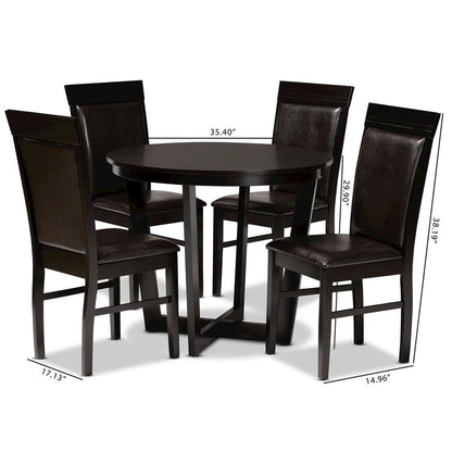 Leather Upholstered and Dark Brown Finished Wood 5-Piece Dining Set
