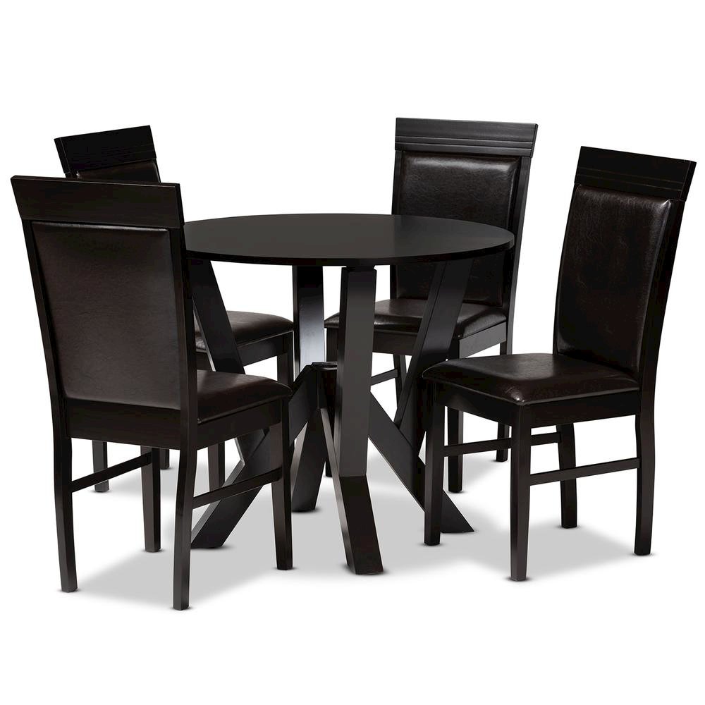 Leather Upholstered and Dark Brown Finished Wood 5-Piece Dining Set