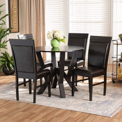 Leather Upholstered and Dark Brown Finished Wood 5-Piece Dining Set