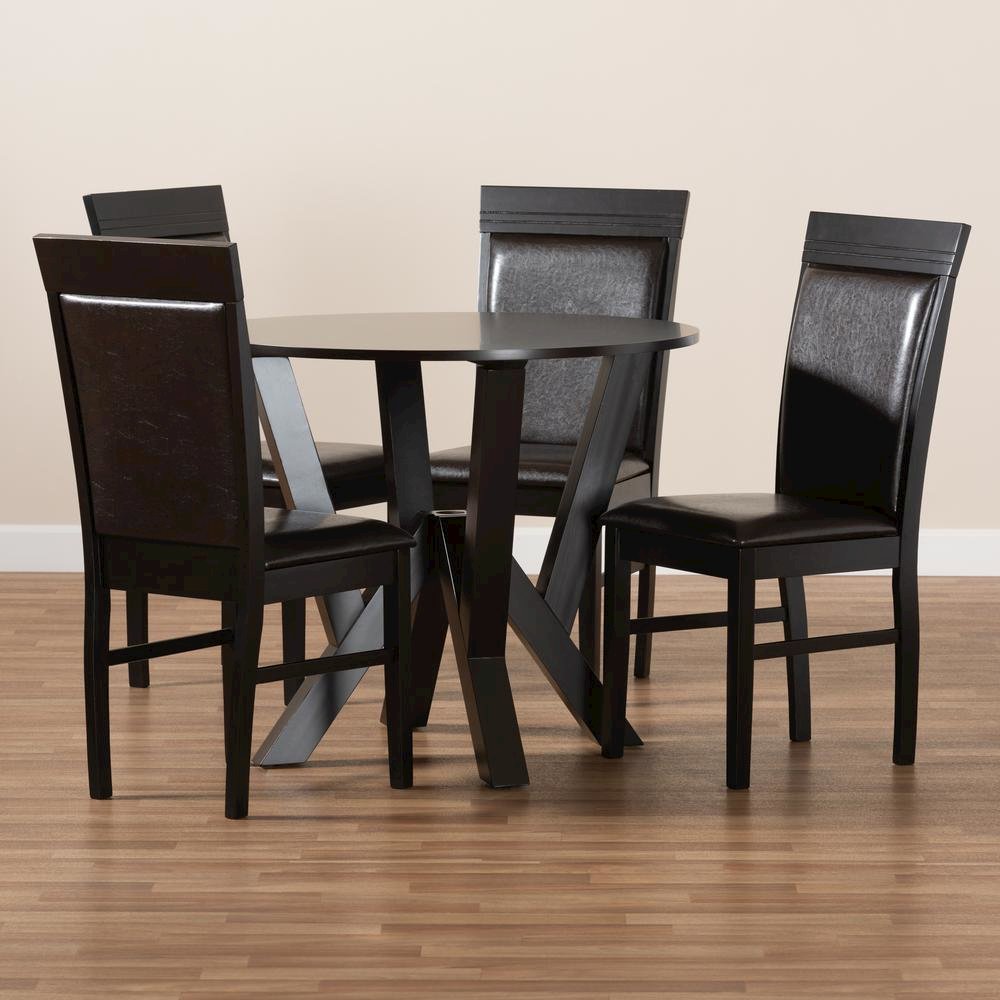 Leather Upholstered and Dark Brown Finished Wood 5-Piece Dining Set