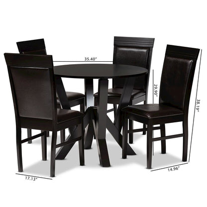 Leather Upholstered and Dark Brown Finished Wood 5-Piece Dining Set