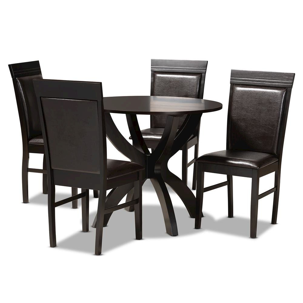 Leather Upholstered and Dark Brown Finished Wood 5-Piece Dining Set