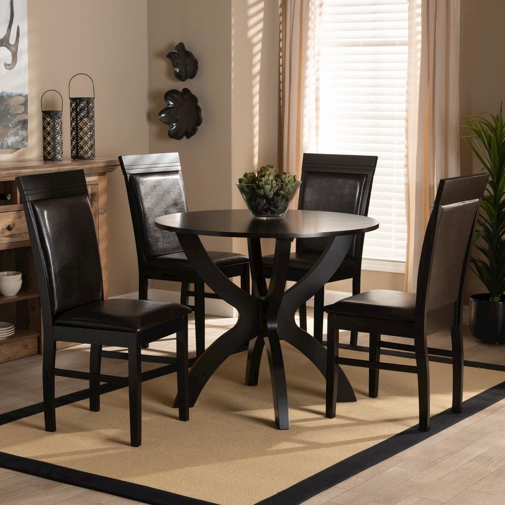 Leather Upholstered and Dark Brown Finished Wood 5-Piece Dining Set