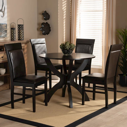 Leather Upholstered and Dark Brown Finished Wood 5-Piece Dining Set