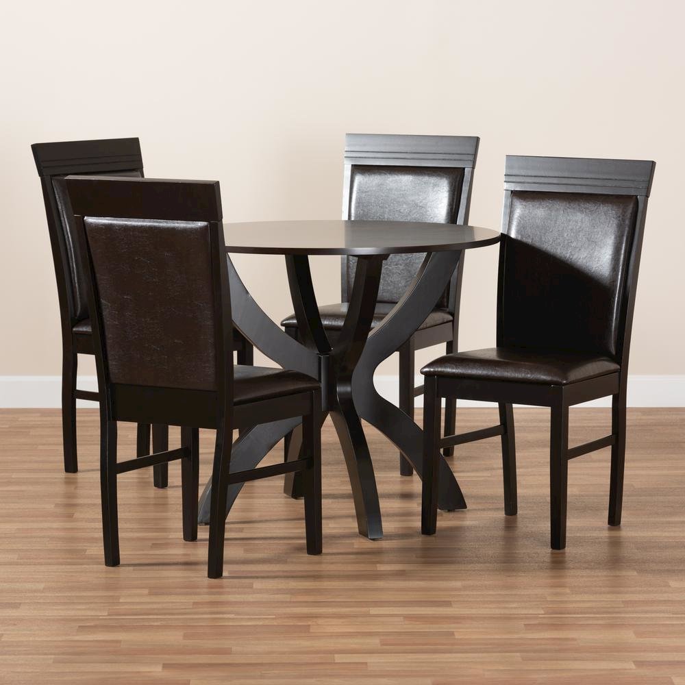Leather Upholstered and Dark Brown Finished Wood 5-Piece Dining Set