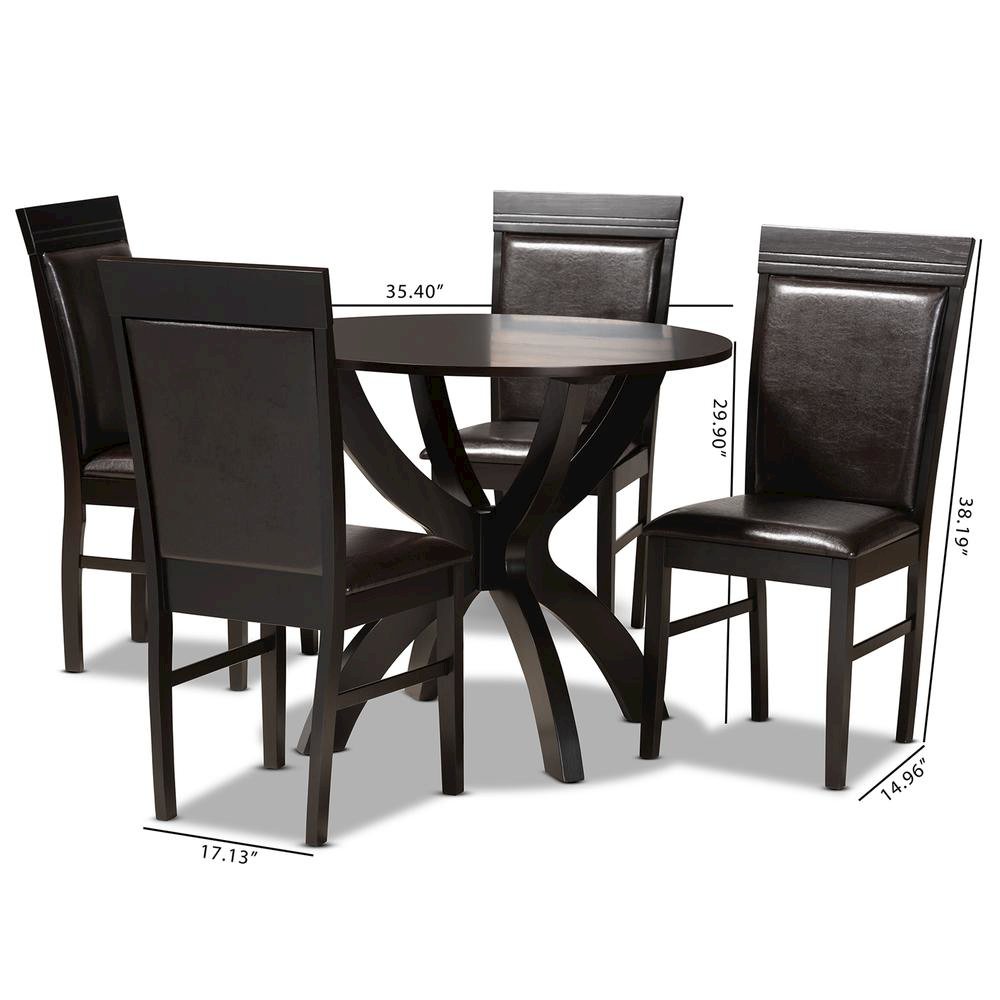 Leather Upholstered and Dark Brown Finished Wood 5-Piece Dining Set
