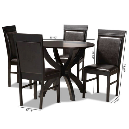 Leather Upholstered and Dark Brown Finished Wood 5-Piece Dining Set