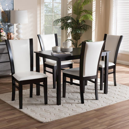5-Piece Dark Brown Finished White Faux Leather Dining Set