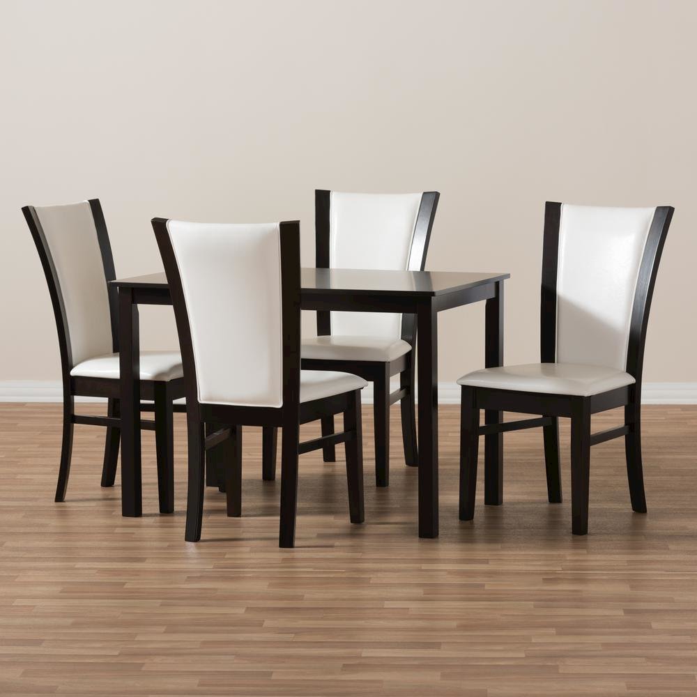 5-Piece Dark Brown Finished White Faux Leather Dining Set