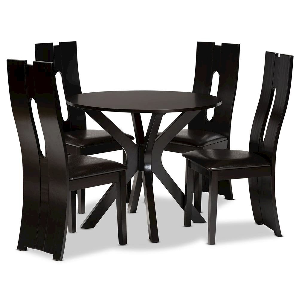 Leather Upholstered and Dark Brown Finished Wood 5-Piece Dining Set