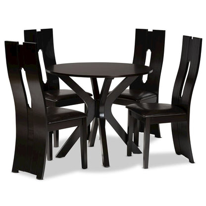 Leather Upholstered and Dark Brown Finished Wood 5-Piece Dining Set