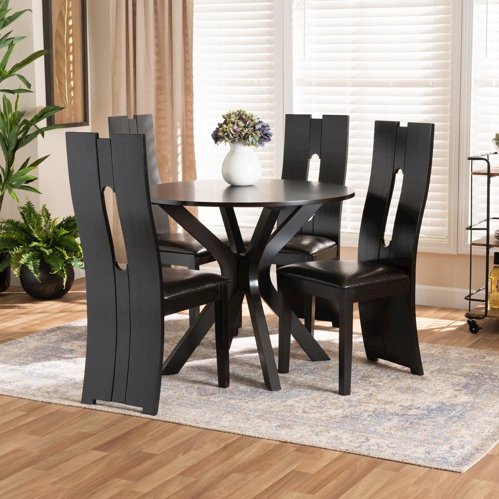 Leather Upholstered and Dark Brown Finished Wood 5-Piece Dining Set