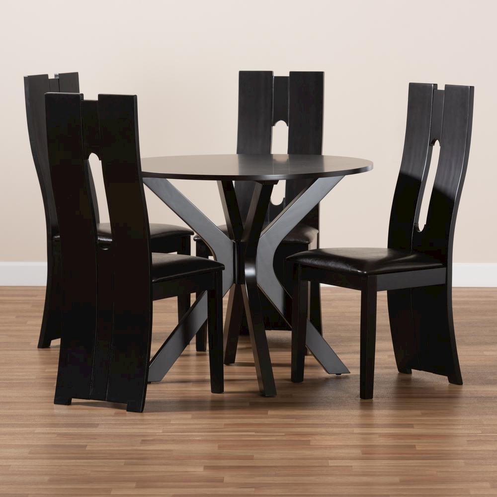 Leather Upholstered and Dark Brown Finished Wood 5-Piece Dining Set