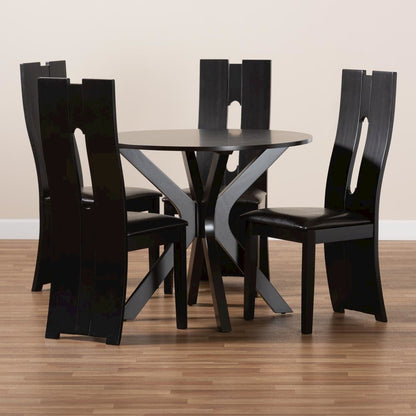 Leather Upholstered and Dark Brown Finished Wood 5-Piece Dining Set