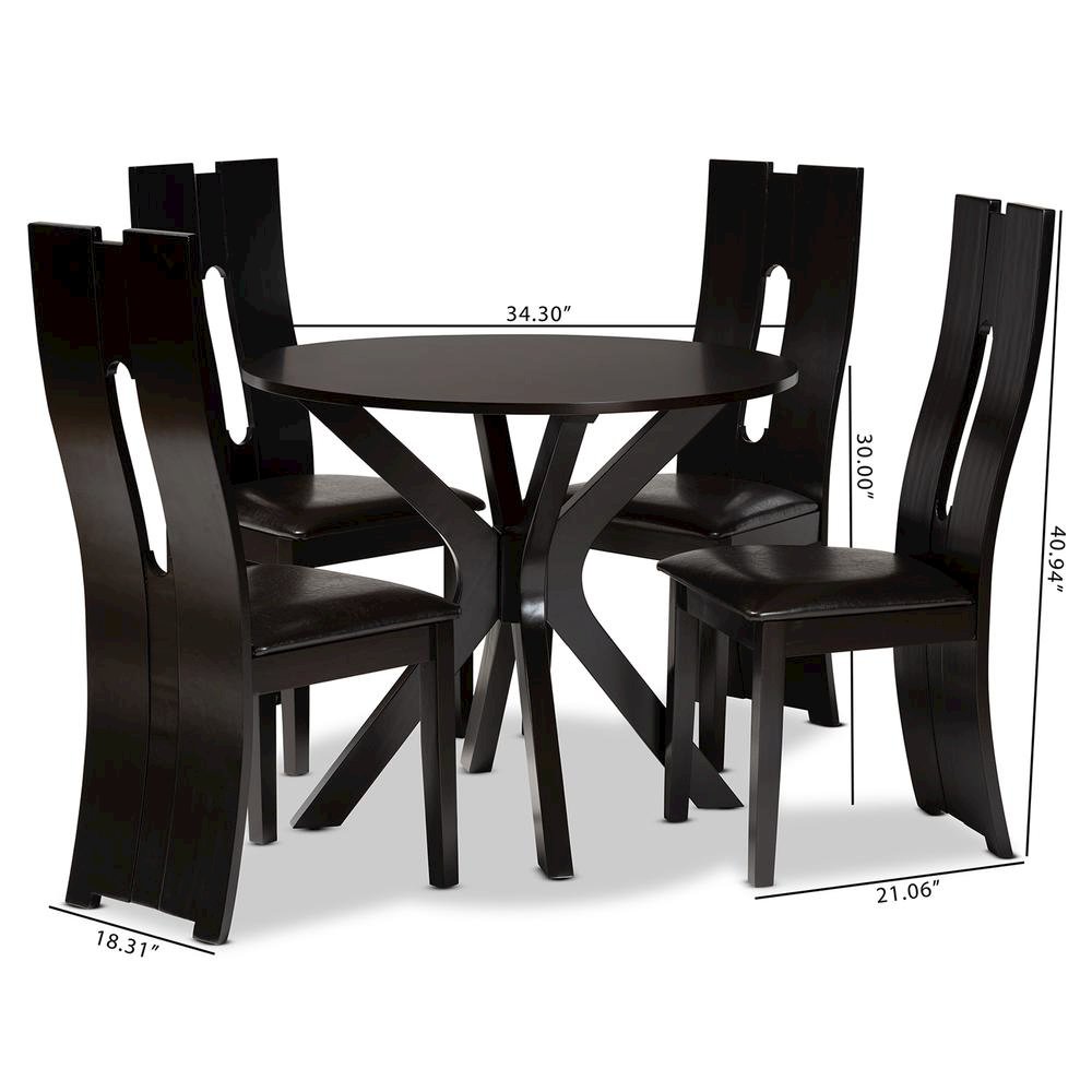 Leather Upholstered and Dark Brown Finished Wood 5-Piece Dining Set