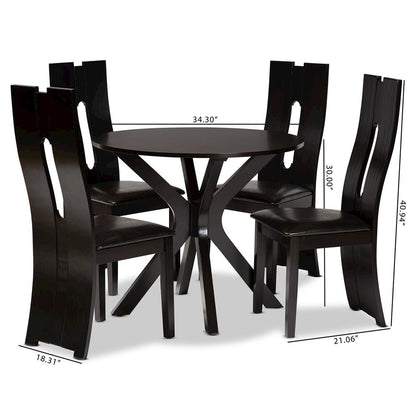 Leather Upholstered and Dark Brown Finished Wood 5-Piece Dining Set