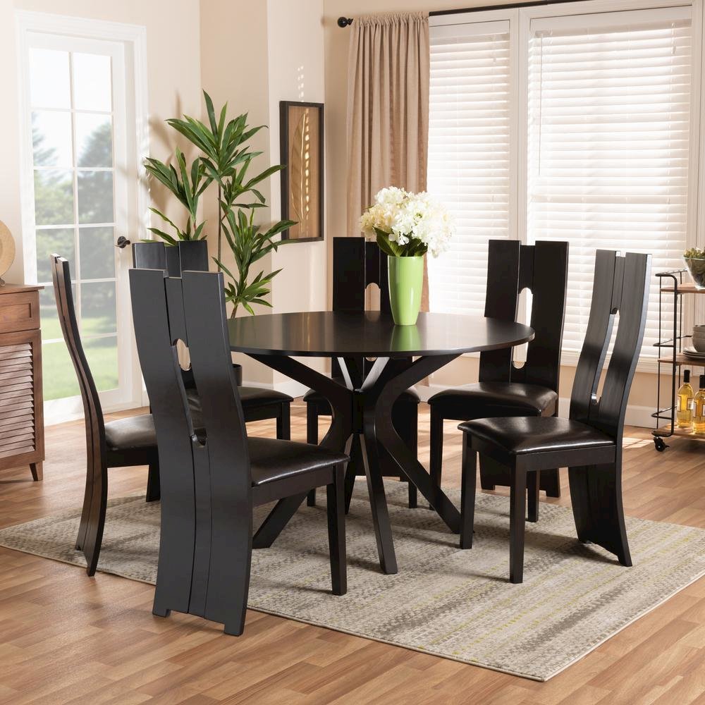 Leather Upholstered and Dark Brown Finished Wood 7-Piece Dining Set