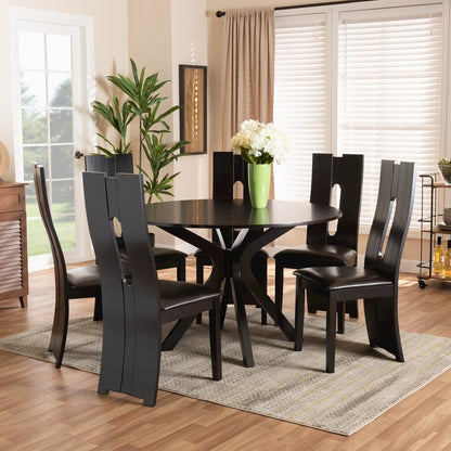 Leather Upholstered and Dark Brown Finished Wood 7-Piece Dining Set